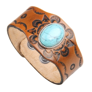 Vintage wide leather bracelet with embossed sun totem patterns and oval turquoise stone