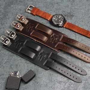 Vintage Cowhide Leather Wide Bracelet For Men Women Embossed Paw Print Adjustable Buckle Punk Wristband Gothic Jewelry Gift