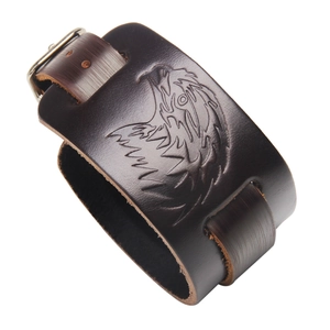 Retro brown wide leather bracelet featuring a detailed embossed eagle head with buckle
