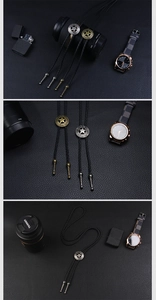 Close-up of vintage punk star bolo tie with black braided leather and metal tips