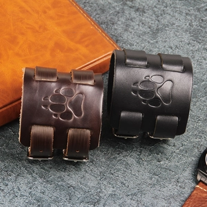Vintage leather wristbands with bear paw embossing and adjustable metal buckles for men