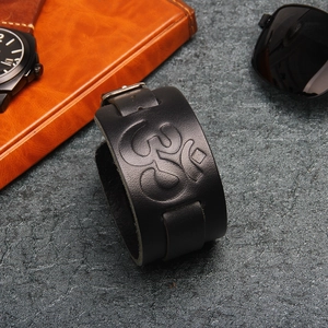 Bracelet pour homme en cuir noir véritable avec symbole Om embossé et boucle en métal argenté