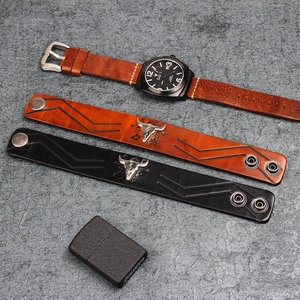 Retro bull head leather bracelets in black and brown with punk style metal studs