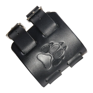 Vintage black leather cuff bracelet with bear paw embossing and double metal buckles