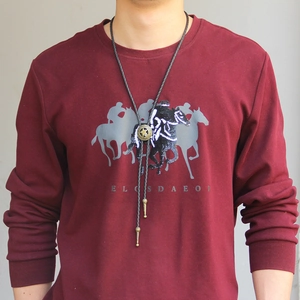 Vintage Western Cowboy Bolo Tie Punk Adjustable Cowhide Leather Rope Star Pattern Alloy Pendant Necklace For Men Women