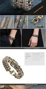 Tactical paracord survival bracelet with metal skull charm and U-shaped shackle clasp