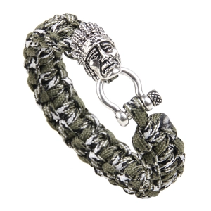 Tactical paracord survival bracelet with silver Indian chief head and metal D-shackle