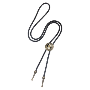 Vintage western bolo tie with star engraved brass buckle and black woven leather cord