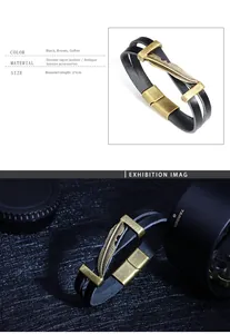 Detail view of multi-layered leather bracelet with antique bronze feather and size info