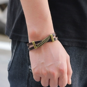Retro punk style dark brown leather bracelet with bronze feather ornament for men and women