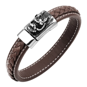 Pulsera de hombre en cuero trenzado marrón con cierre de cabeza de dragón plata antigua