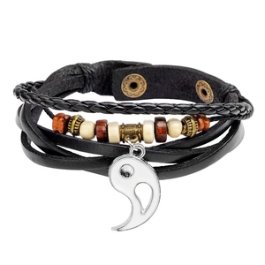 Vintage multilayer leather bracelet featuring Tai Chi pendant and handmade wooden beads