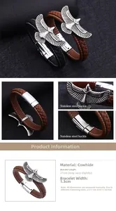 Detail view of woven leather men's eagle bracelet with a secure stainless steel buckle