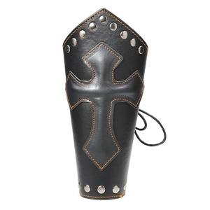 Medieval style black leather wrist guard with cross embossed detail and orange stitching