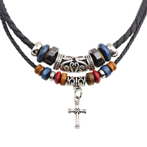 Collier Pendentif Croix en Alliage Rétro Double Corde en Cuir PU Tressé Avec Perles en Bois Multicolores Bijoux Unisex