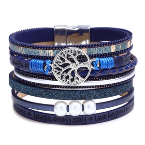 Bohemian Multi-layer Leather Bracelet Tree Of Life Charm Faux Artificial Pearl Magnetic Clasp Inscribed Quote Jewelry For Women