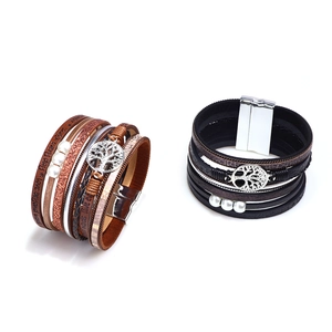 Bohemian multilayer leather wrap bracelet with Tree of Life charm and magnetic clasp