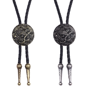 Vintage Drachen Bolo Tie in Bronze und Silber mit geflochtener schwarzer Lederkordel