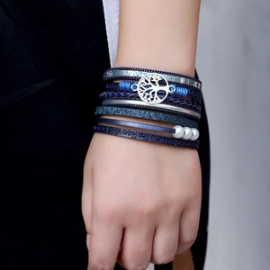 Navy blue multi-layer wrap bracelet with silver Tree of Life charm and quote engraving