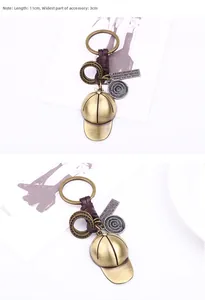 Detailed view of bronze baseball cap keychain with braided leather cord and 11cm scale