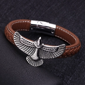 Men's punk eagle stainless steel leather bracelet with magnetic clasp on black leather background