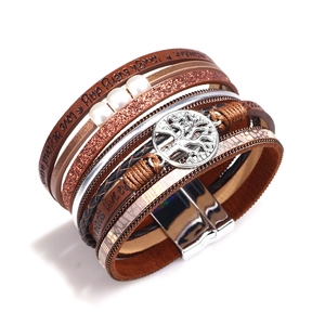 Bohemian layered leather wrap bracelet with Tree of Life charm and magnetic clasp