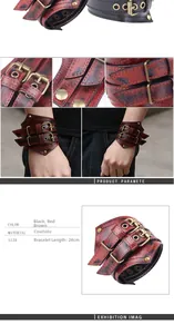 Detailed view of punk style cowhide leather bracelet with antique bronze studs and buckles