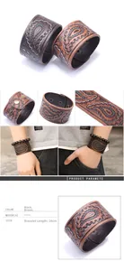 Makro-Detail eines breiten Lederarmbands mit Vintage-Paisley-Prägung und Druckknopf