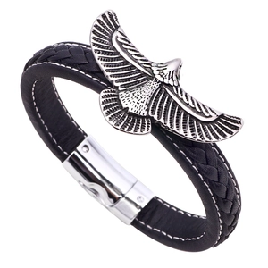 Men's punk eagle stainless steel magnet bracelet with black braided leather cords