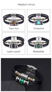 Detail view of woven leather bracelets with stainless steel beads and natural gemstones