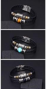 Close-up of triple braided leather bracelets with natural stone beads and steel clasps