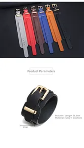 Detailed size chart showing 26.5cm length and 3.5cm width of vintage wide leather bracelets