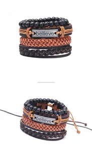 Detail of multi-layer men's leather bracelet set featuring engraved believe metal plate