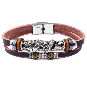 Classic woven leather bracelet featuring a silver dragon ornament and stainless steel clasp