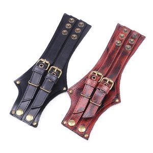 Retro rock punk leather wristband with bronze metal rivets and double buckle straps