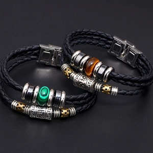 Lapis lazuli and tiger eye stone leather bracelet with stainless steel clasp for men