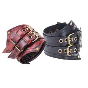 Vintage punk rock wide leather cuff bracelets in red and black with bronze buckles