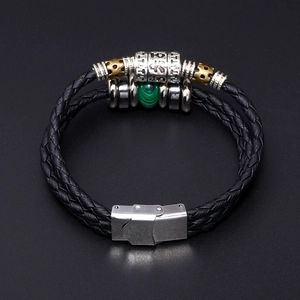Double-strand black leather bracelet with lapis lazuli beads and a secure steel clasp