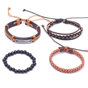 Classic 4-piece men's leather bracelet set with 'believe' engraving and woven beads