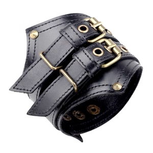 Retro punk black leather wide cuff bracelet with double bronze buckles and metal rivets