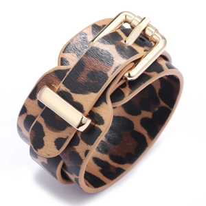 Wide leopard print PU leather bracelet with polished gold-tone buckle and animal pattern