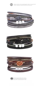 Détail de bracelets bohèmes en cuir avec perles et ornements en cristal en trois couleurs