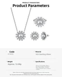 Detail of S925 sterling silver jewelry set with grey pearls and sunflower design
