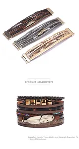 Detail view of multi-layer leather bracelet with metal feather charm and crystal rhinestones