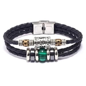 Men's multi-layer black leather bracelet with green malachite bead and stainless steel clasp