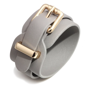 Wide light grey Saffiano leather wrap bracelet with adjustable gold-tone buckle closure