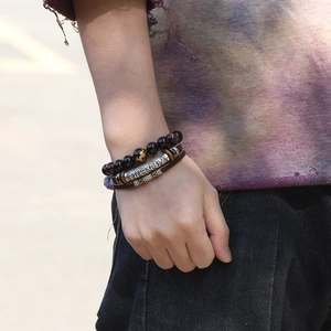 Ethnic multilayer leather bracelet with tiger eye beads and engraved mantra tube for men