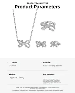 Detailed size specifications for S925 sterling silver bow jewelry set with 5A zircon