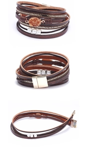 Détail du bracelet multicouche en cuir avec pierre orange et fermoir magnétique doré
