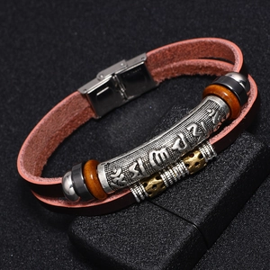 Men's leather bracelet with silver mantra tube and stainless steel buckle closure